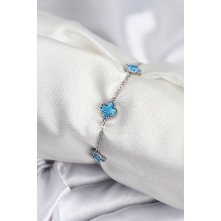 316L Çelik Gümüş Renk Buz Mavisi Baby Boy Yonca Kadın Bileklik