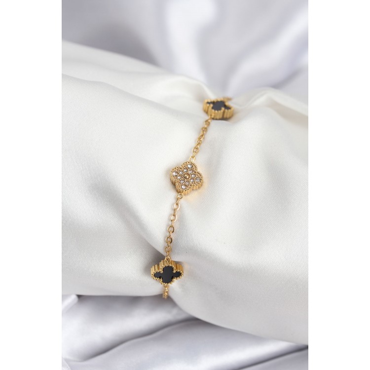 316L Çelik Gold Renk Siyah ve Zirkon Taşlı Baby Boy Yonca Kadın Bileklik