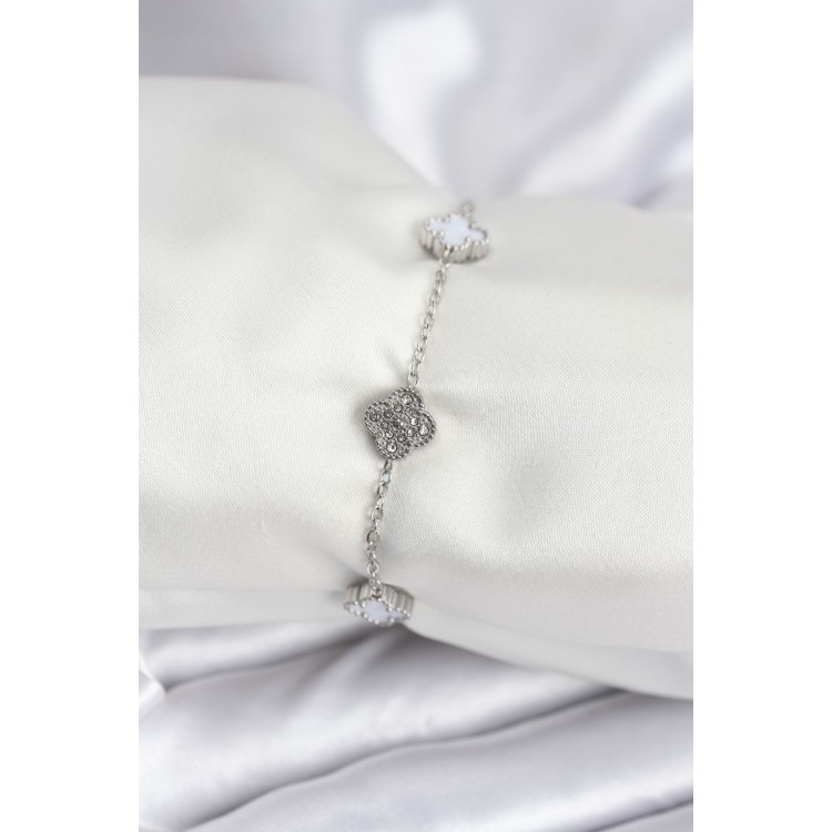 316L Çelik Gümüş Renk Beyaz ve Zirkon Taşlı Baby Boy Yonca Kadın Bileklik