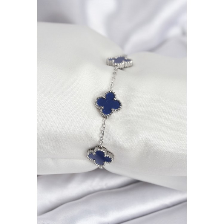 316L Çelik Zincir Gümüş Renk Lacivert Yonca Kadın Bileklik