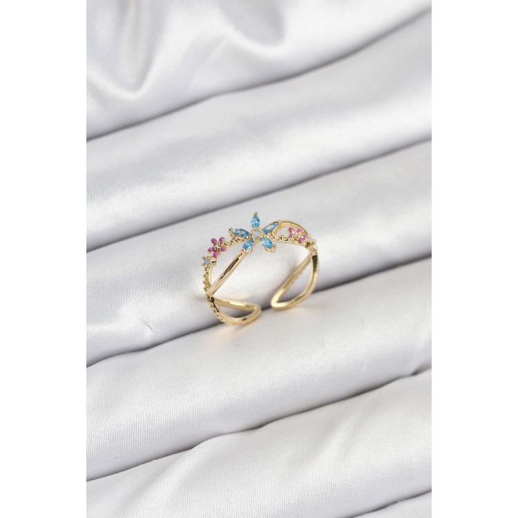 Pirinç Gold Renk Zirkon Taşlı Mavi Çiçekli Kadın Yüzük