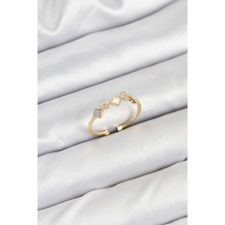 Pirinç Gold Renk Minimal Yonca Detaylı Kadın Yüzük