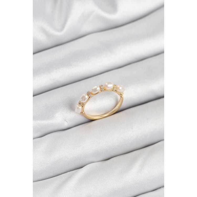 Pirinç Gold Renk Sıralı İncili Kadın Yüzük