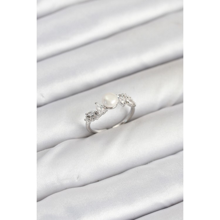 Pirinç Gümüş Renk Zirkon Taşlı İncili Model Kadın Yüzük