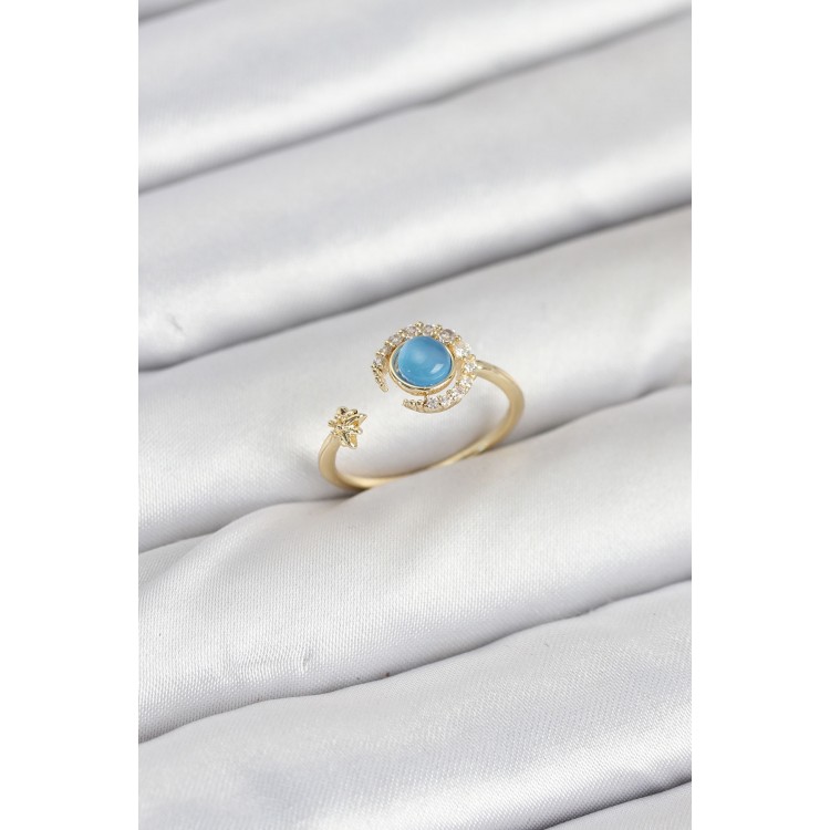 Pirinç Gold Renk Zirkon Taşlı Ay Yıldız Kadın Yüzük