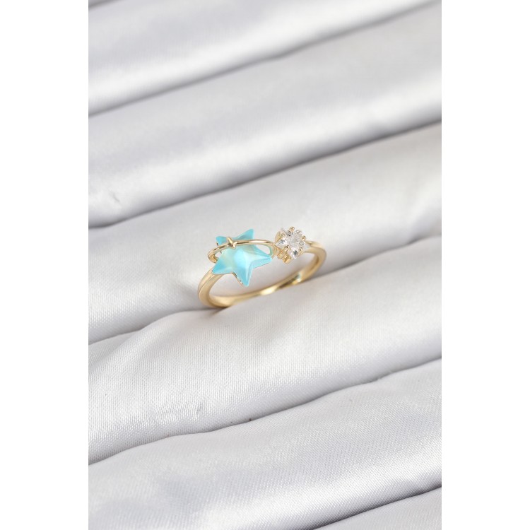 Pirinç Gold Renk Mavi Yıldızlı Model Kadın Yüzük