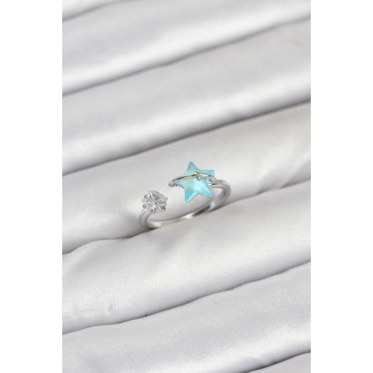 Pirinç Gümüş Renk Mavi Yıldızlı Model Kadın Yüzük