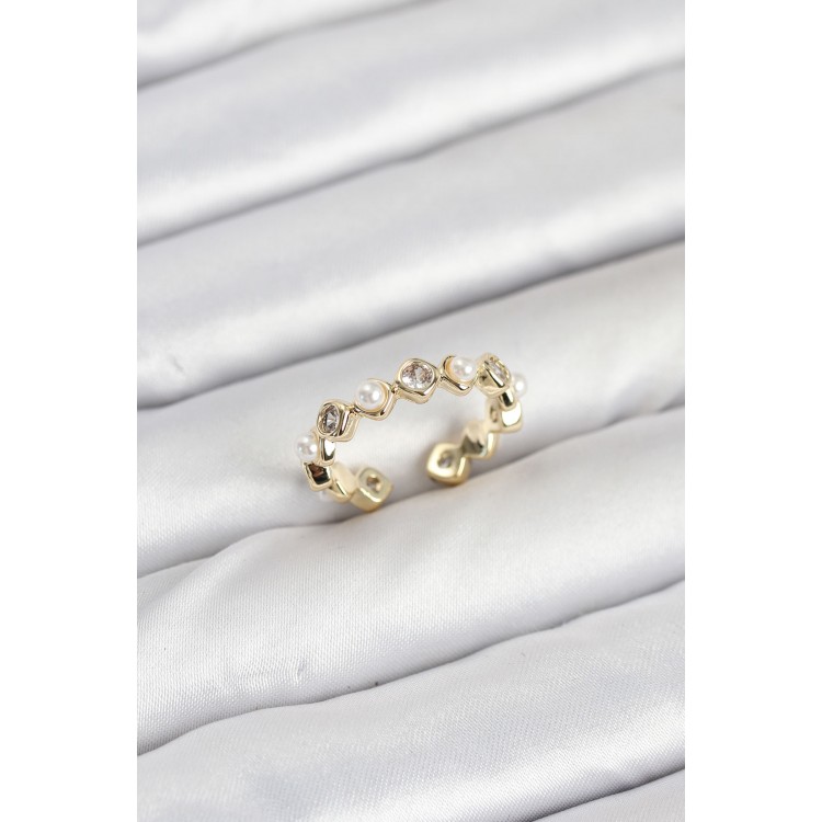 Pirinç Gold Renk Zirkon Taşlı İncili Kadın Yüzük