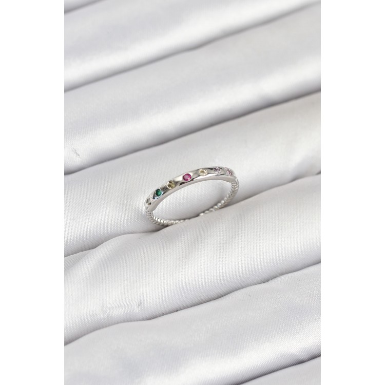 Pirinç Gümüş Renk Renkli Zirkon Taşlı Kadın Yüzük