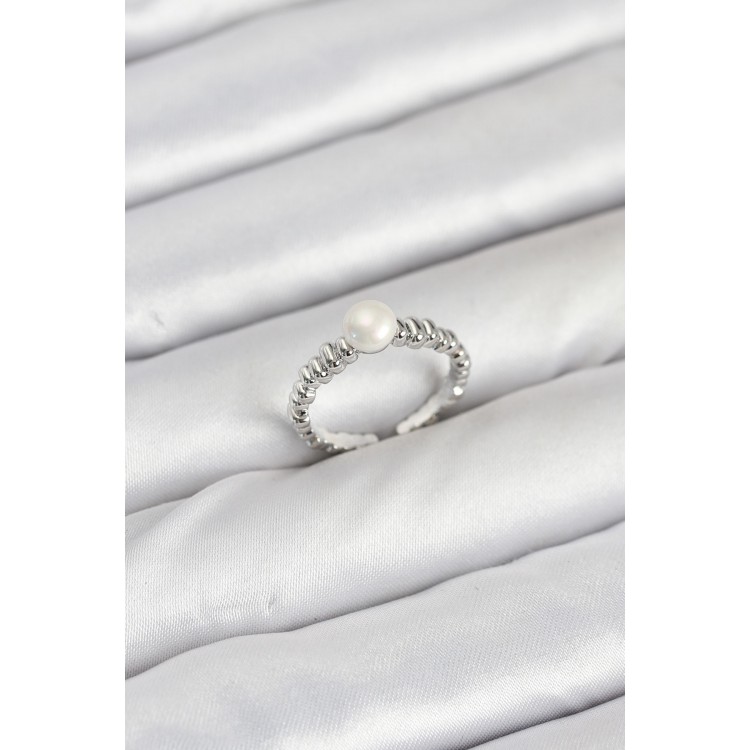 Pirinç Gümüş Renk Göbek İnci Model Kadın Yüzük