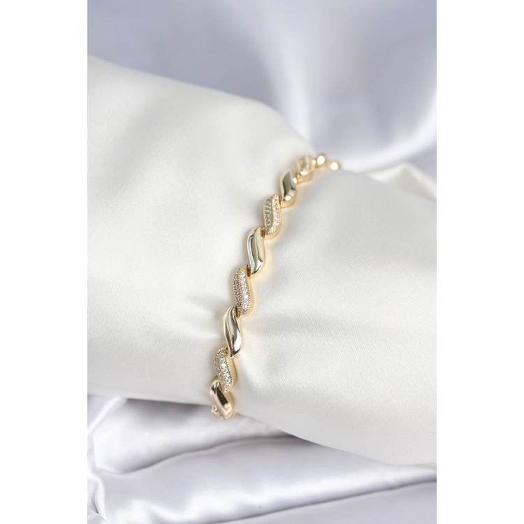 Pirinç Gold Renk Zirkon Taşlı Sarmal Model Kadın Bileklik