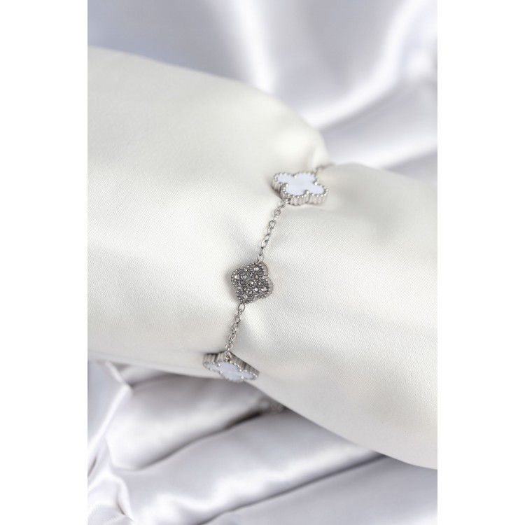 316L Çelik Zincir Gümüş Renk Zirkon Taşlı Yonca Beyaz Kadın Bileklik