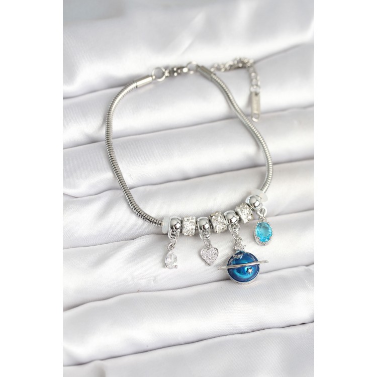 Pirinç Gümüş Renk Dünya Charmlı Kadın Bileklik