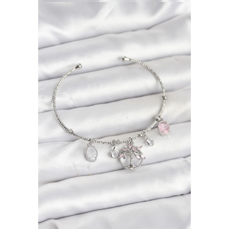 Hayat Ağacı Charmlı Gümüş Renk Pirinç Kadın Bileklik