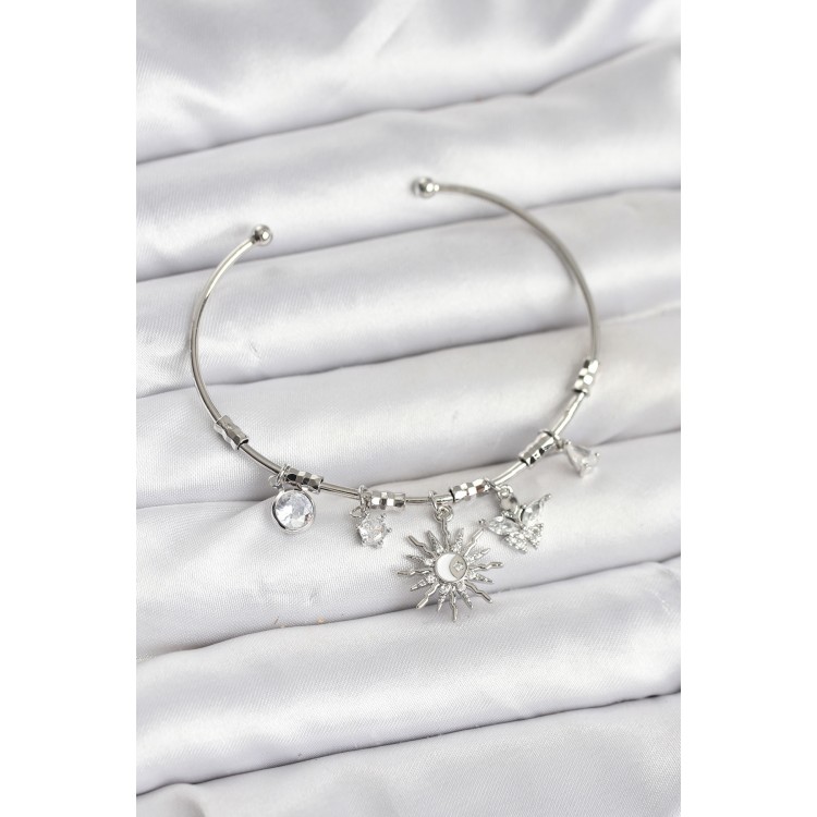 Güneş Charmlı Gümüş Renk Pirinç Kadın Bileklik