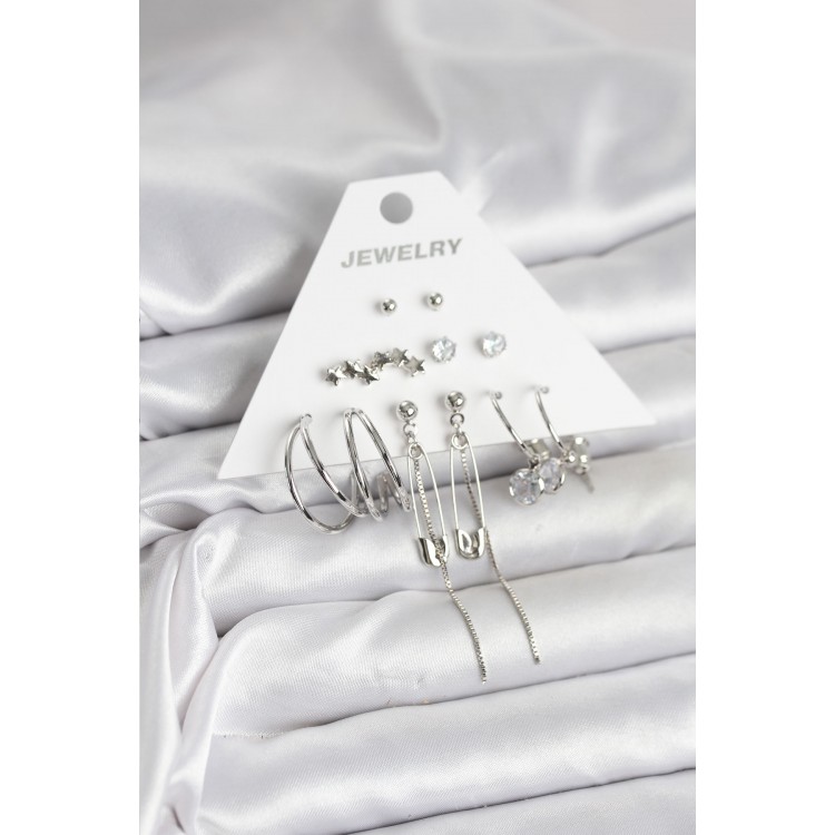 Gümüş Renk 6'lı Pirinç Küpe Seti