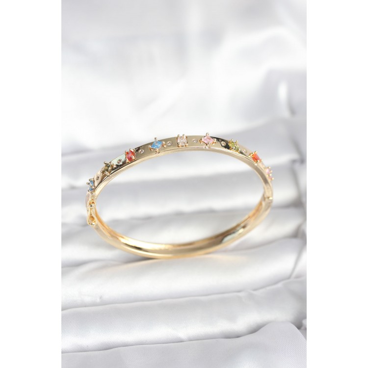 Pirinç Gold Renk Zirkon Taşlı Kelepçe Bileklik