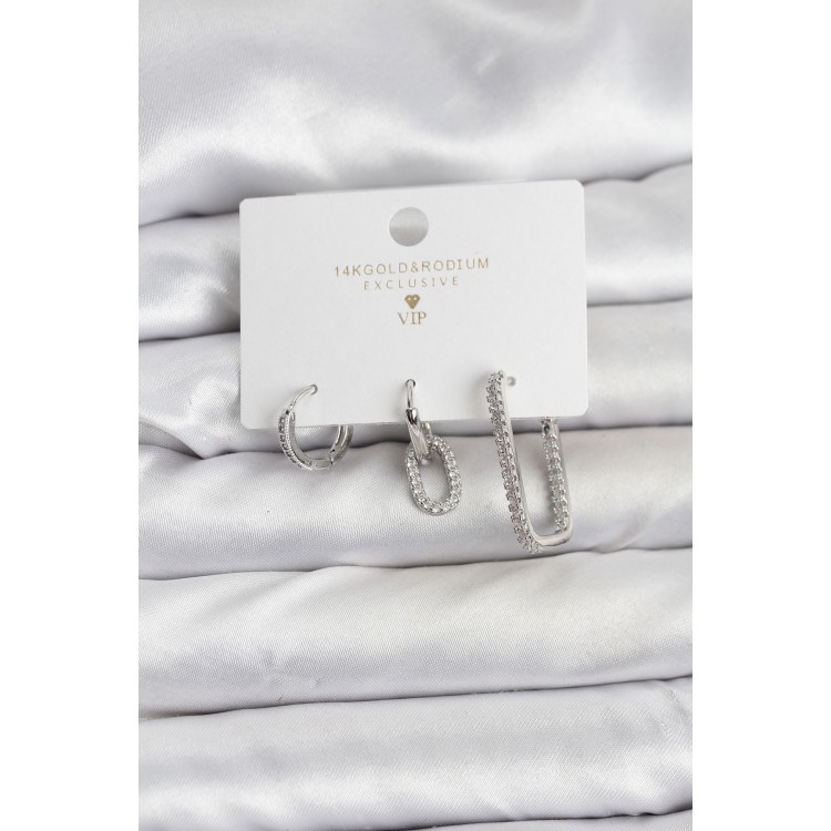 Gümüş Renk Zirkon Taşlı 3'lü Kadın Küpe Seti