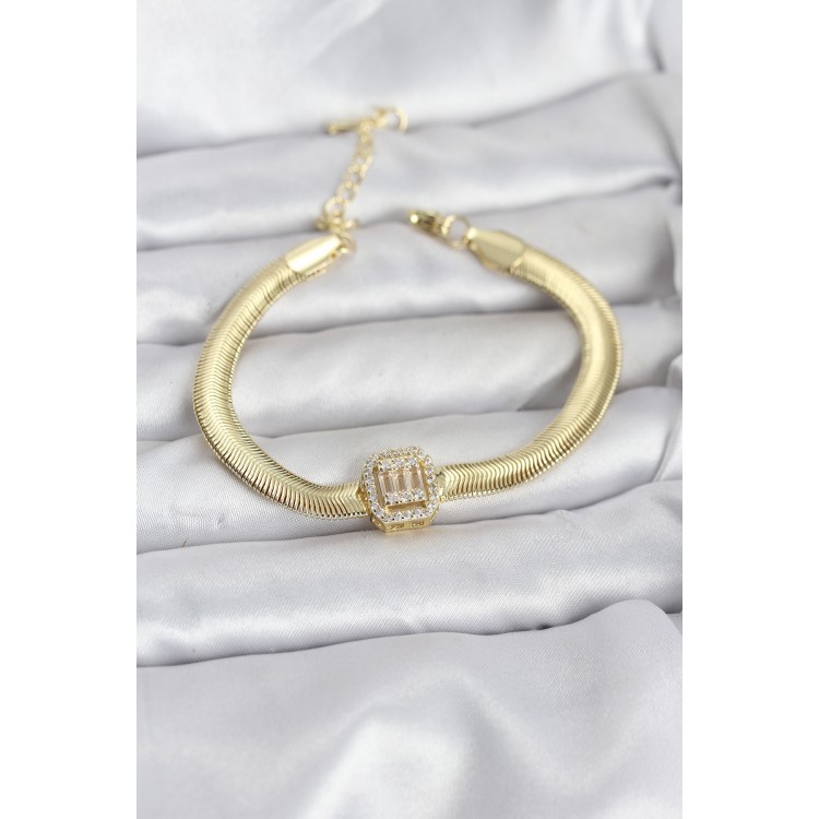 316L Çelik Gold Renk Baget Zirkon Taşlı Yılan Zincirli Kadın Bileklik