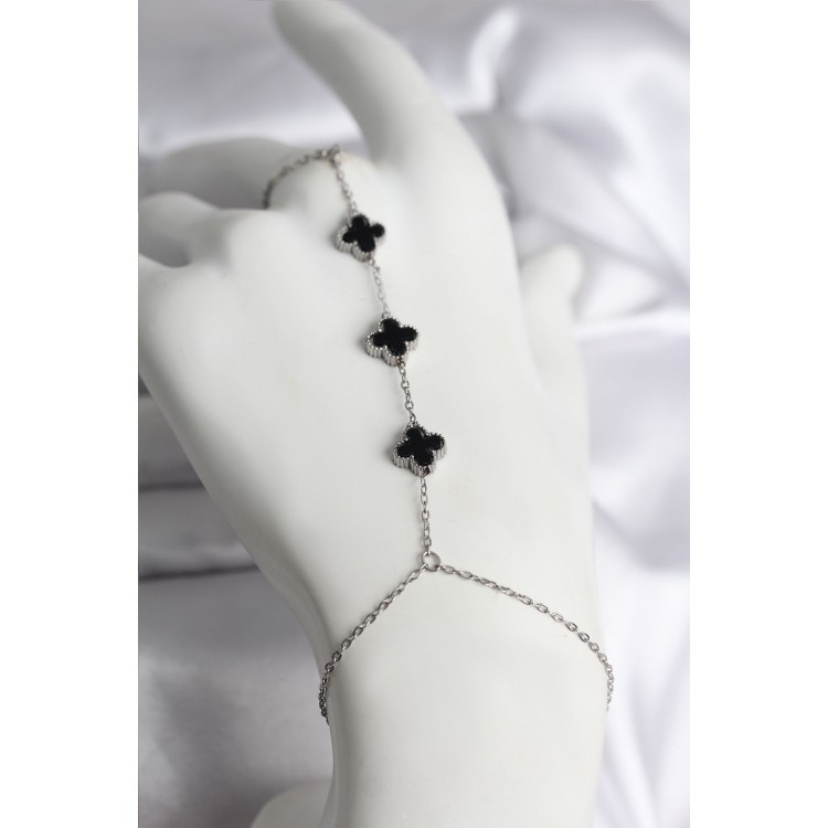 316L Çelik Gümüş Renk Siyah Yonca Model Kadın Şahmeran