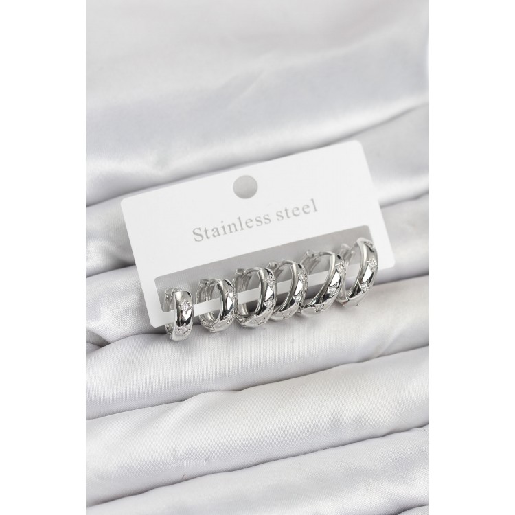 316L Çelik Gümüş Renk Zirkon Taşlı Kutup Yıldızı Model Halka Küpe Seti