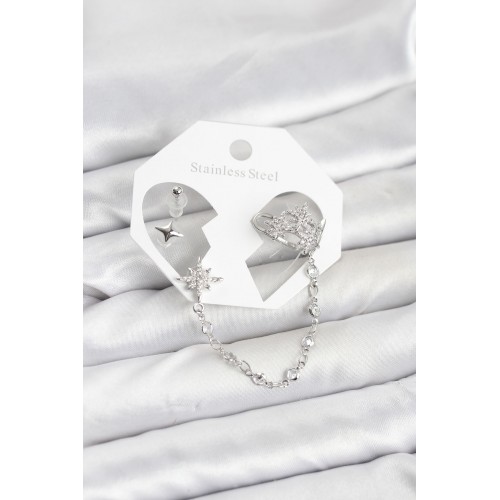 Kutup Yıldızı Model Pirinç Gümüş Renk Zincir Bağlantılı Ear Cuff Küpe Seti