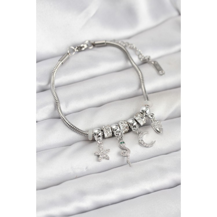 Pirinç Gümüş Renk Yılan Charmlı Kadın Bileklik