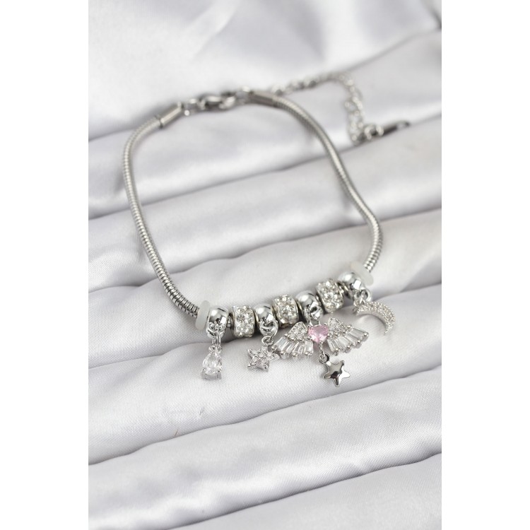 Pirinç Gümüş Renk Kanatlı Charmlı Kadın Bileklik