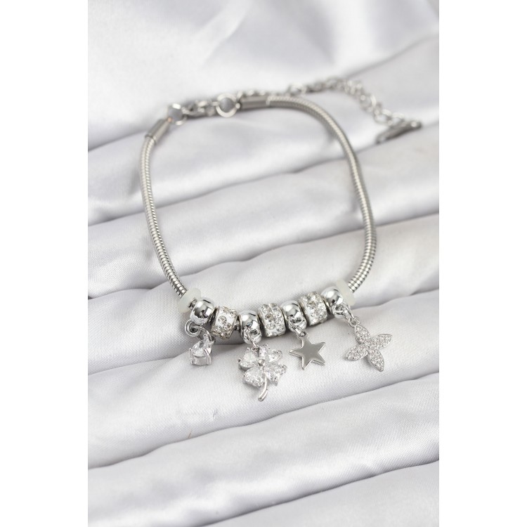 Gümüş Renk Pirinç Yonca Charmlı Kadın Bileklik