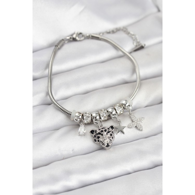 Pirinç Gümüş Renk Kaplan Model Charmlı Kadın Bileklik