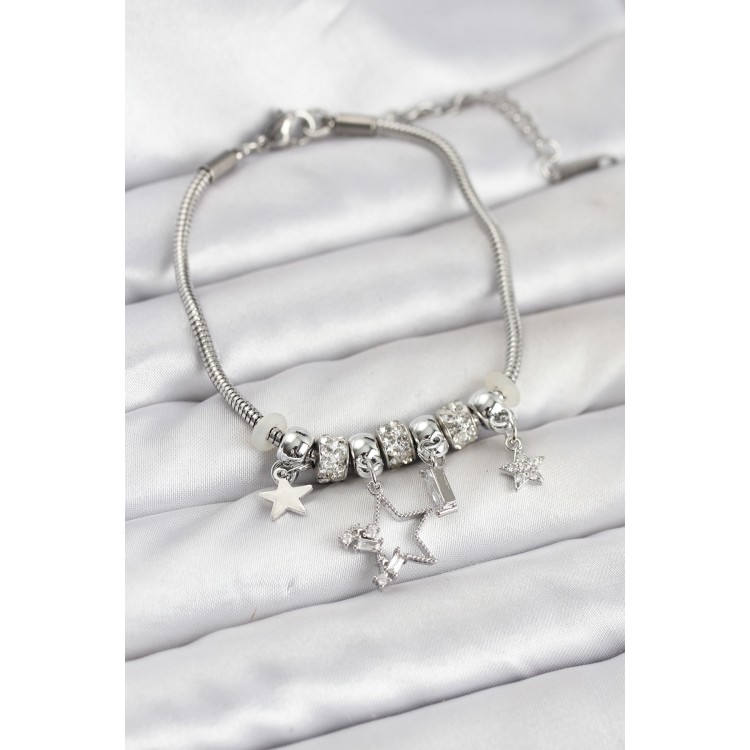 Gümüş Renk Pirinç Yıldız Model Charmlı Kadın Bileklik