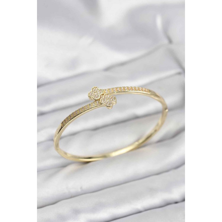 Pirinç Gold Renk Zirkon Taşlı Yonca Model Kadın Kelepçe Bileklik