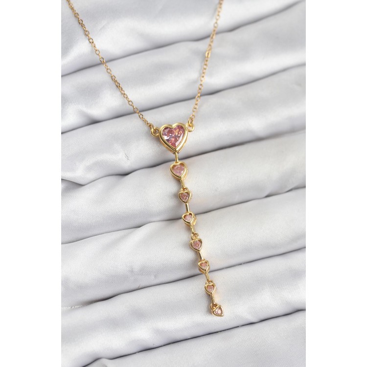 316L Çelik Zincir Gold Renk Pembe Kalp Kadın Kolye