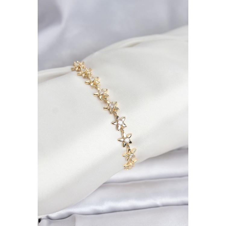 Pirinç Gold Renk VIP Seri Sıralı Taşlı Yıldız Model Zirkon Taşlı Kadın Bileklik