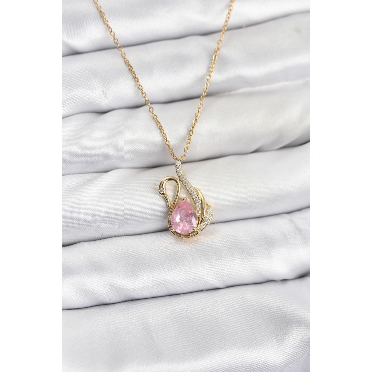 316L Çelik Zincir Gold Renk Pembe Kuğu Model Zirkon Taşlı Kadın Kolye