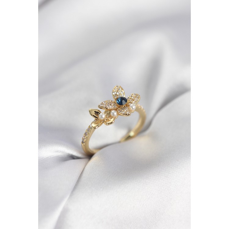 Gold Renk Çiçek Model Zirkon Taşlı Kadın Yüzük
