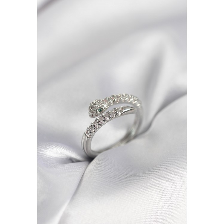 Yılan Model Gümüş Renk Zirkon Taşlı Kadın Yüzük