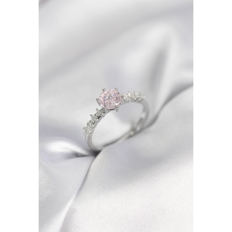 Gümüş Renk Pembe Tek Taş Model Zirkon Taşlı Kadın Yüzük