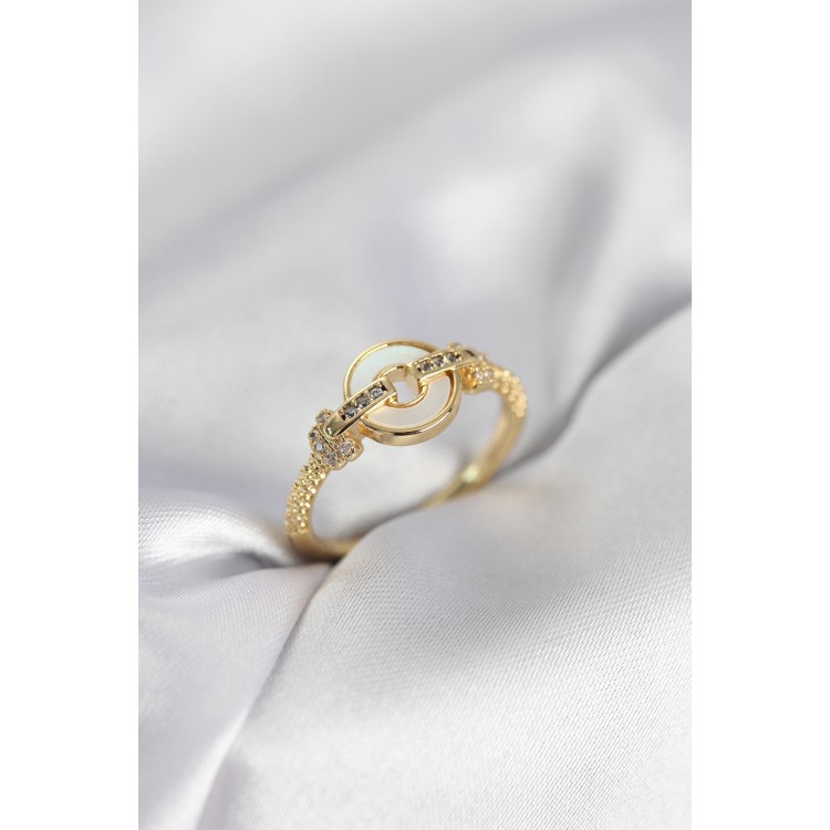 Gold Renk Daire Form Sedef ve Zirkon Taşlı Kadın Yüzük