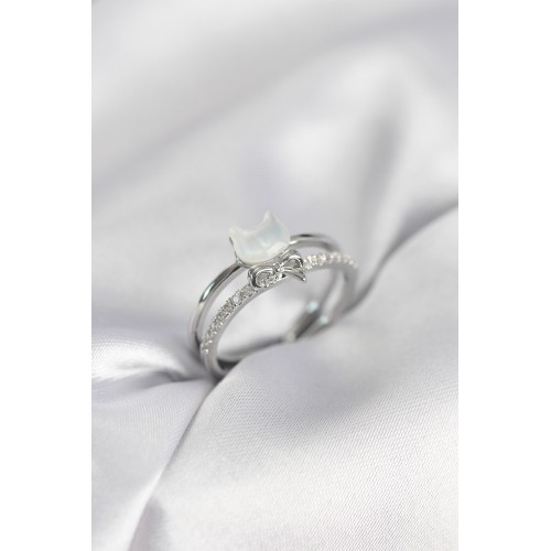 Gümüş Renk Sedefli Kedi Model Fiyonklu Zirkon Taşlı Kadın Yüzük