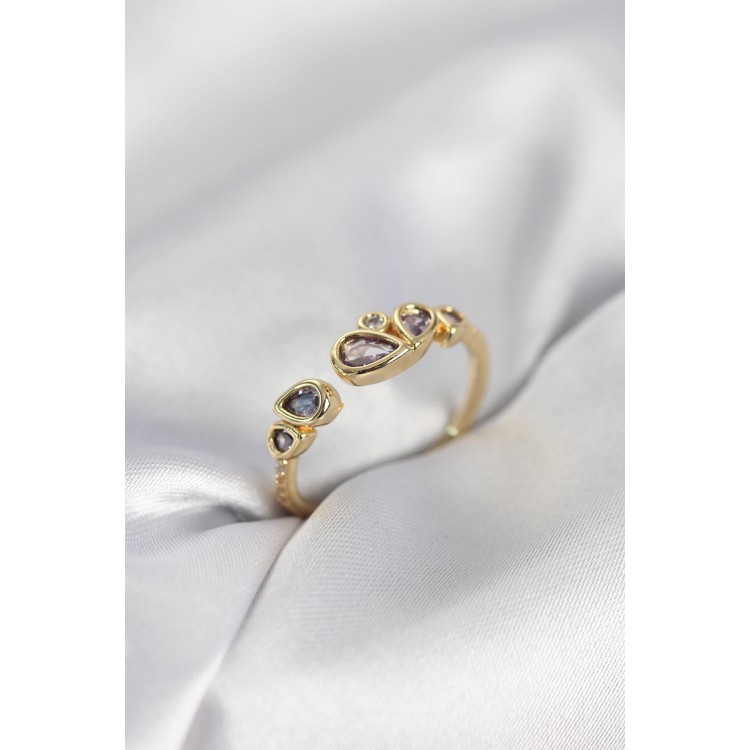 Gold Renk Mor Damla Zirkon Taşlı Kadın Yüzük