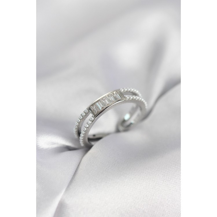 Baget Zirkon Taşlı Gümüş Renk İncili Kadın Yüzük