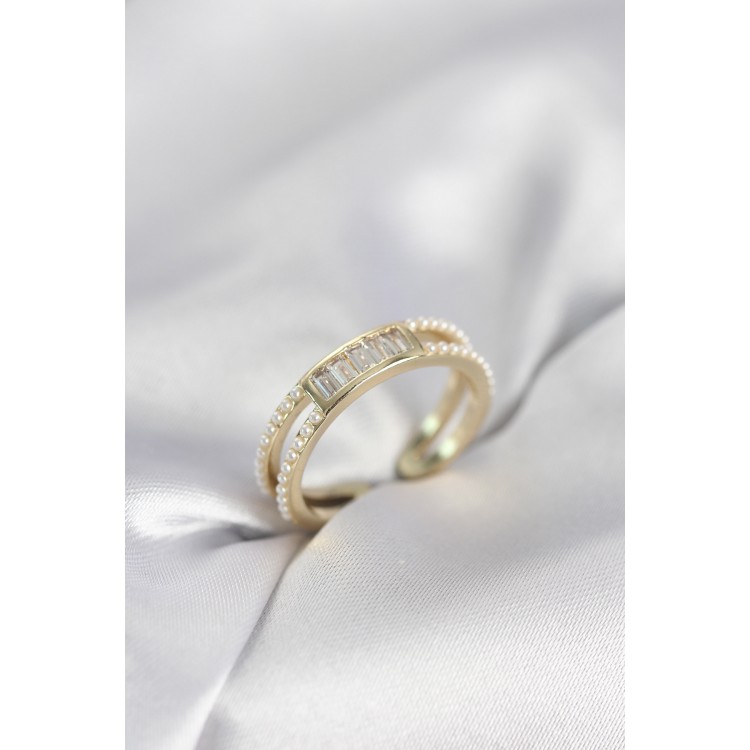 Baget Zirkon Taşlı Gold Renk İncili Kadın Yüzük