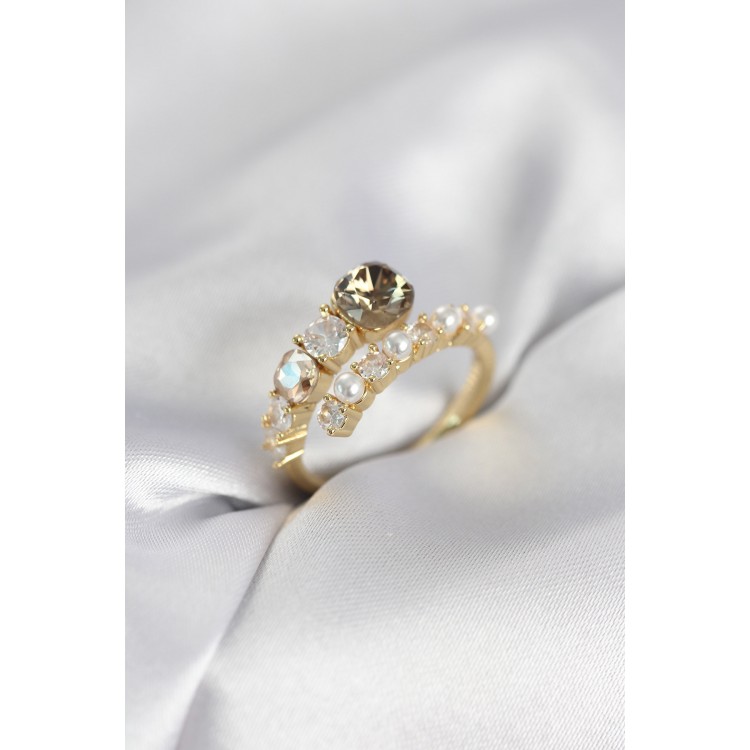 Gold Renk Pirinç Zirkon Taşlı İncili Kadın Yüzük