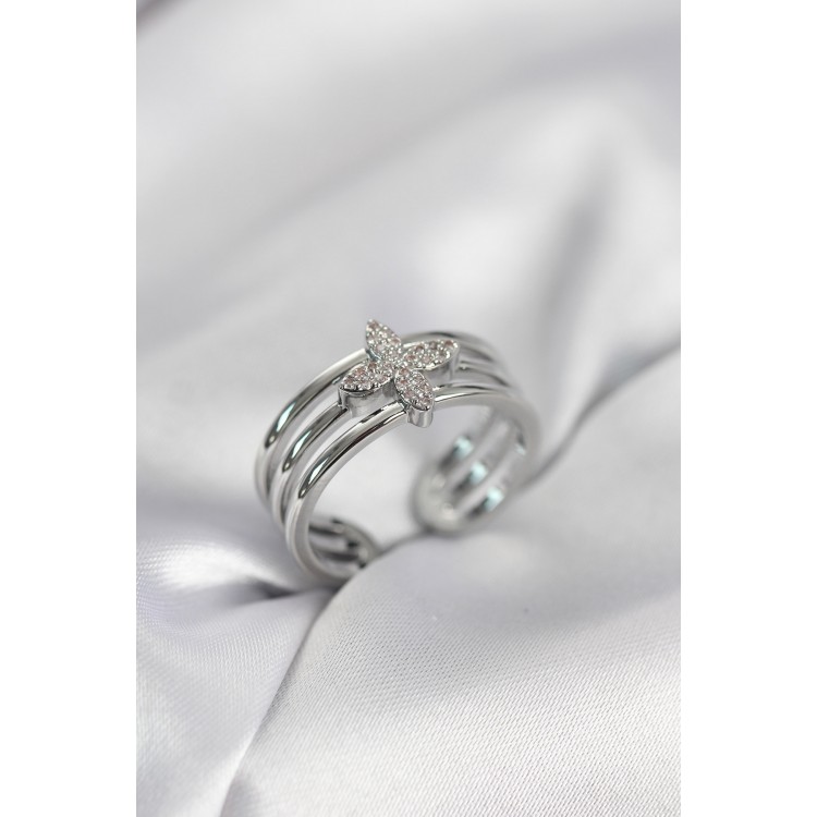 Gümüş Renk Zirkon Taşlı Yonca Model Kadın Yüzük