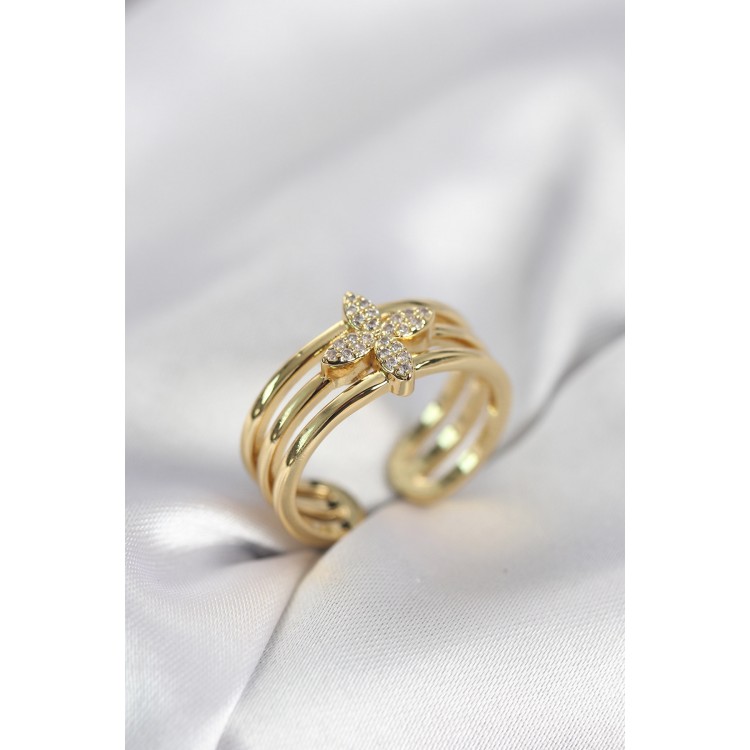 Gold Renk Zirkon Taşlı Yonca Model Kadın Yüzük