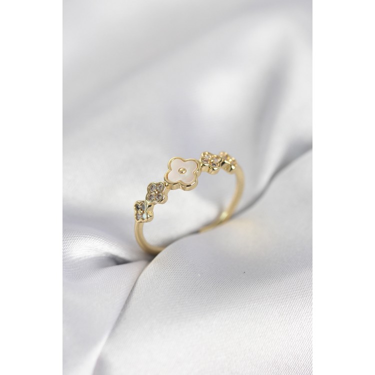 Gold Renk Minimal Yonca ve Zirkon Taşlı Kadın Yüzük