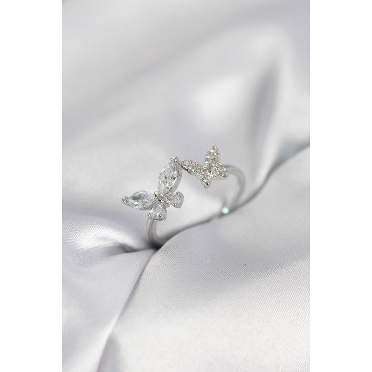 Kelebek Model Zirkon Taşlı Gümüş Renk Kadın Yüzük