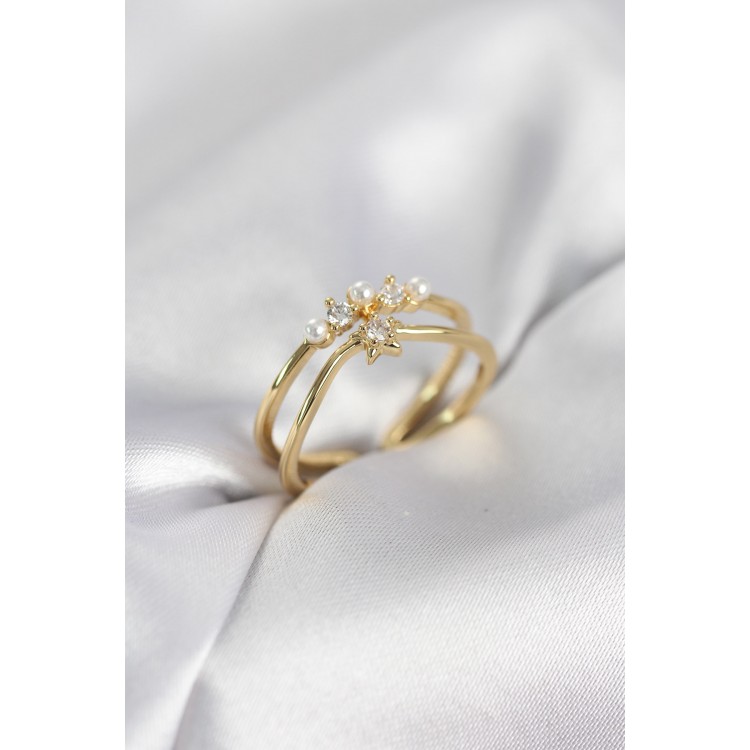 Gold Renk İncili Yıldız Model Zirkon Taşlı Kadın Yüzük