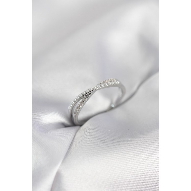 İncili ve Zirkon Taşlı Gümüş Renk Kadın Yüzük